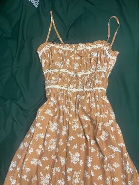 Sincerely Jules Rust Brown Floral Midi Dress with White Print